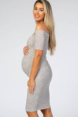 Beige Ribbed Fitted Off Shoulder Maternity Dress