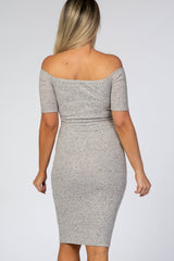 Beige Ribbed Fitted Off Shoulder Maternity Dress