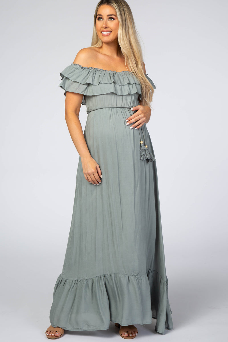 Sage Off Shoulder Tassel Tie Maternity Maxi Dress – PinkBlush