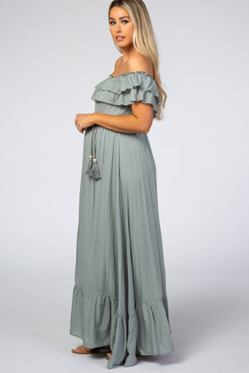 Sage Off Shoulder Tassel Tie Maternity Maxi Dress – PinkBlush