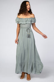 Sage Off Shoulder Tassel Tie Maxi Dress