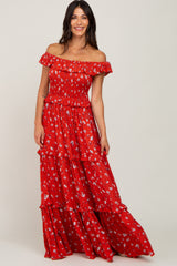 Red Floral Off Shoulder Ruffle Tiered Dress