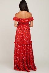 Red Floral Off Shoulder Ruffle Tiered Dress