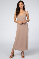 Taupe Basic Sleeveless Maternity Midi Dress