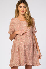 Mauve Printed Button Front Ruffle Trim Babydoll Maternity Dress