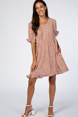 Mauve Printed Button Front Ruffle Trim Babydoll Dress