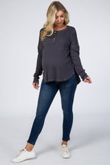 Charcoal Ribbed Button Front Round Hem Maternity Top