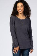 Charcoal Ribbed Button Front Round Hem Maternity Top