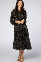 Black Floral Chiffon Tiered Maternity Midi Dress