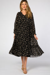 Black Floral Chiffon Tiered Maternity Midi Dress