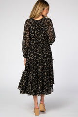 Black Floral Chiffon Tiered Maternity Midi Dress