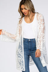 White Lace Mesh Long Sleeve Maternity Cover Up