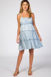 Light Blue Floral Shoulder Tie Ruffle Tiered Maternity Dress