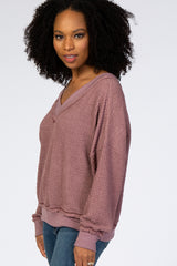 Mauve Waffle Knit V-Neck Long Sleeve Top