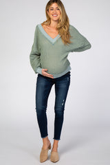 Dark Mint Waffle Knit V-Neck Long Sleeve Maternity Top