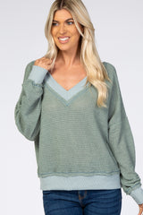 Dark Mint Waffle Knit V-Neck Long Sleeve Top