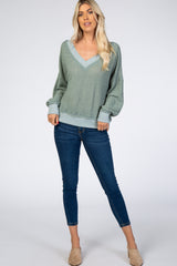 Dark Mint Waffle Knit V-Neck Long Sleeve Top