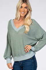 Dark Mint Waffle Knit V-Neck Long Sleeve Top