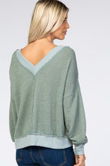 Dark Mint Waffle Knit V-Neck Long Sleeve Top