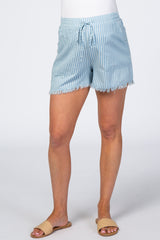 Light Blue Striped Fringe Hem Drawstring Maternity Shorts