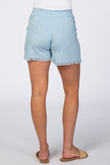 Light Blue Striped Fringe Hem Drawstring Maternity Shorts