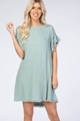 Mint Green Frayed Trim Back Keyhole Linen Dress