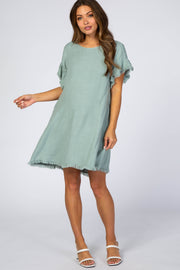 Mint Green Frayed Trim Back Keyhole Linen Maternity Dress