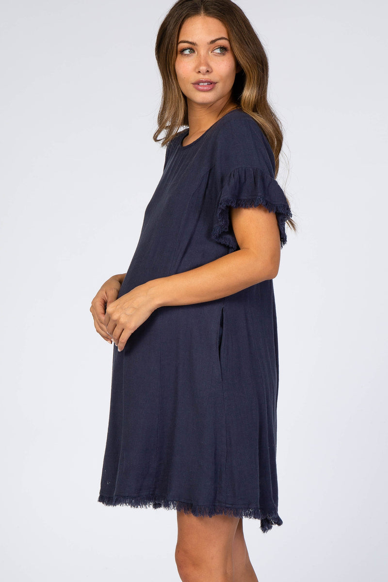 Navy Frayed Trim Back Keyhole Linen Maternity Dress– PinkBlush