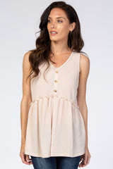 Beige Waffle Knit Peplum Sleeveless Maternity Top