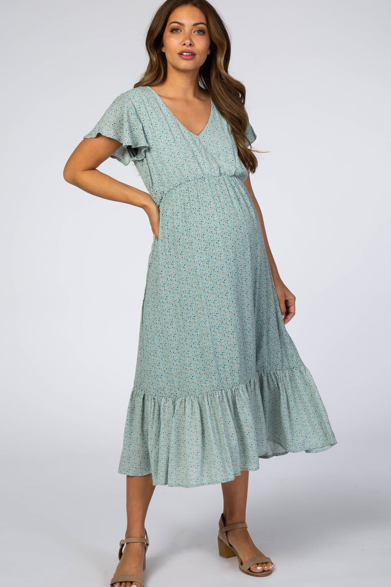 Mint Dot Print Ruffle Maternity Midi Dress– PinkBlush