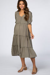 Light Olive Button Tiered Maternity Dress