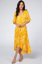 Yellow Leaf Print Hi-Low Wrap Midi Dress