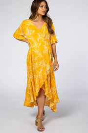 Yellow Leaf Print Hi-Low Wrap Maternity Midi Dress