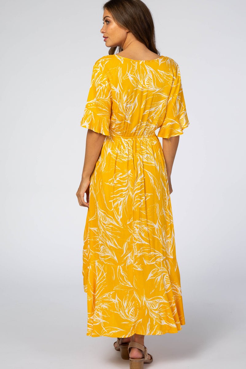 Yellow Leaf Print Hi-Low Wrap Maternity Midi Dress– PinkBlush