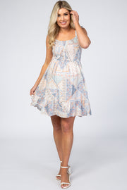 Blue Multi-Print Smocked Maternity Dress