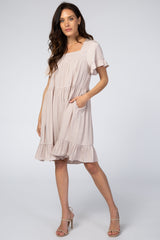 Light Taupe Tiered Ruffle Maternity Dress