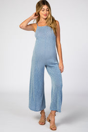 Blue Ribbed Wide Leg Maternity Jumpsuit