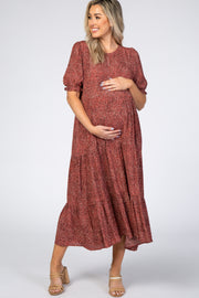 Rust Printed Tiered Maternity Midi Dress