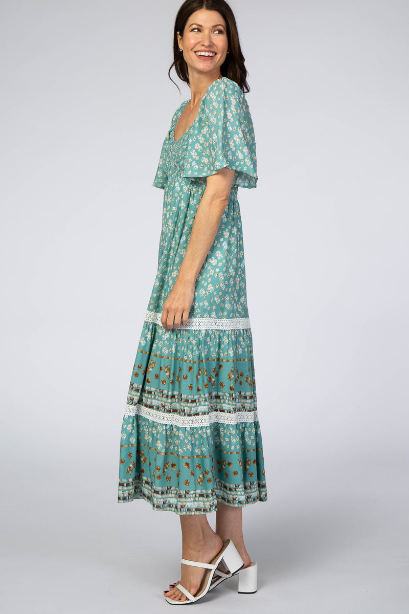 Blue Printed Smocked Midi Dress– PinkBlush