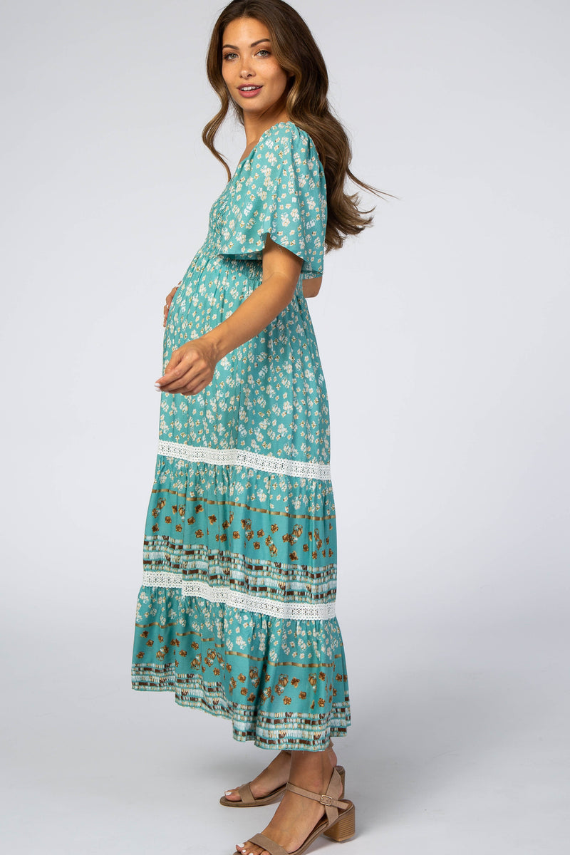 Blue Printed Smocked Maternity Midi Dress – PinkBlush