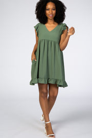 Olive Ruffle Hem V-Neck Dress