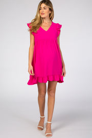 Fuchsia Ruffle Hem V-Neck Maternity Dress