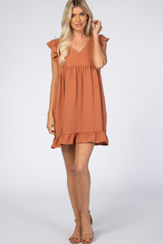 Rust Ruffle Hem V-Neck Dress