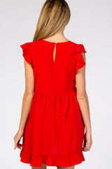 Red Ruffle Hem V-Neck Maternity Dress