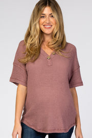 Mauve Waffle Knit Button Front V-Neck Maternity Top