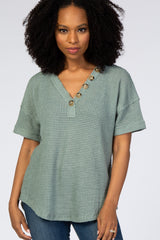 Light Olive Waffle Knit Button Front V-Neck Maternity Top