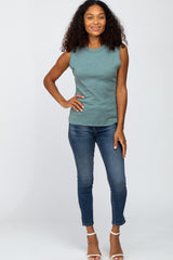 Light Teal Ribbed Raw Hem Tank Top