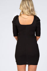 Black Ribbed Puff Sleeve Fitted Maternity Dress