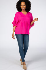 Fuchsia Ruffle Dolman Sleeve V-Neck Top