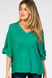 Green Ruffle Dolman Sleeve V-Neck Maternity Top